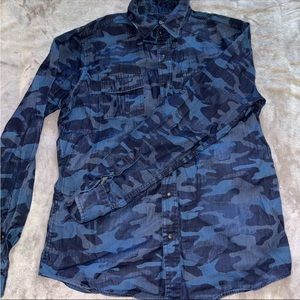 Casual blue button down shirt/ army print / camo print